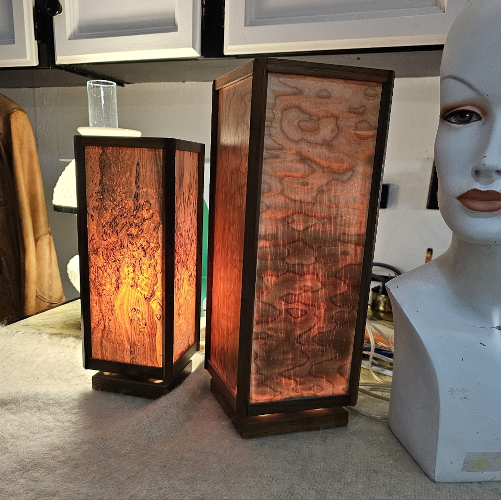 Exquisite Vintage Handmade Veneer Wood Table Lamps